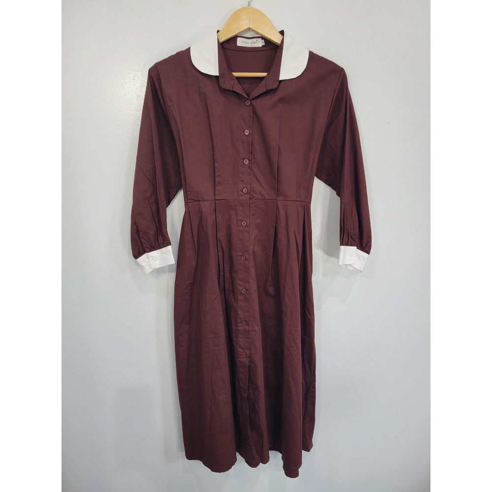 Chili-k-k Burgundy Midi Shirt Dress White Peter Pan Collar Contrast Cuff Small
